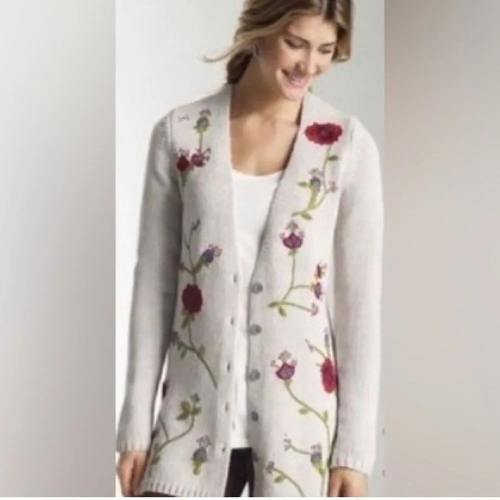 J Jill Sweater Woman Sz Small Beige Cardigan Floral Embroidered Buttons NWT